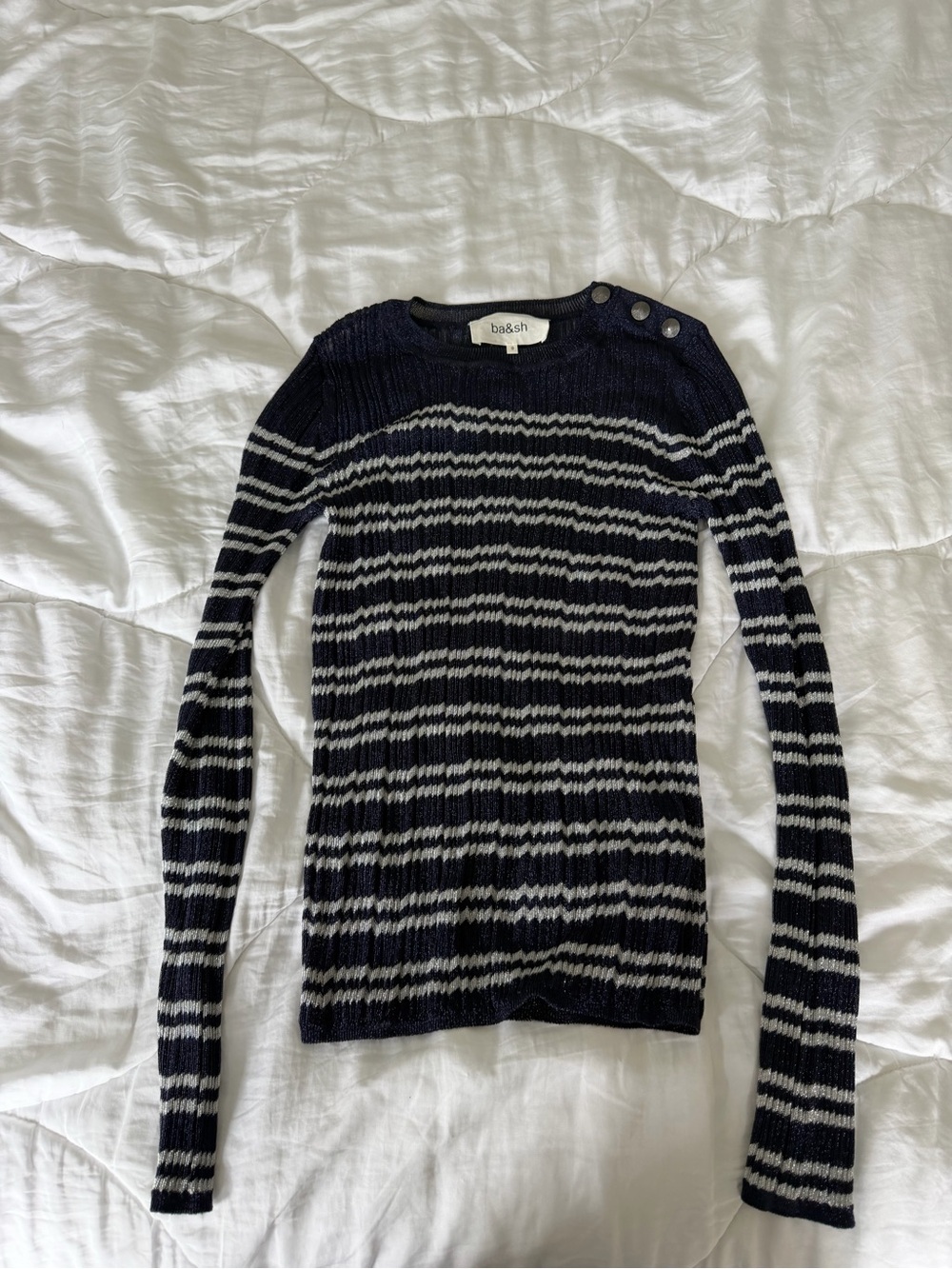 ba&sh Navy & White Striped Ribbed Crewneck Sweater with Shoulder Buttons